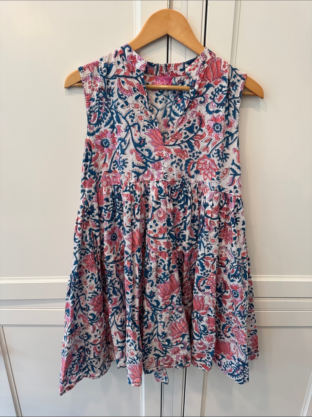 belkin Pink and Navy Floral Tiered V-Neck Mini Dress